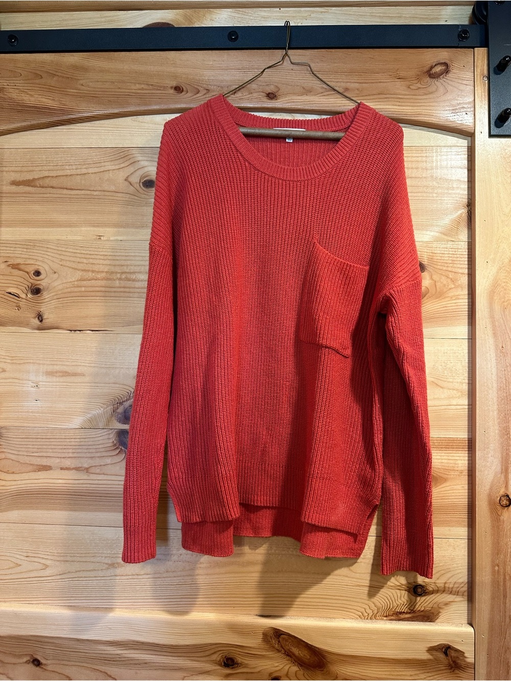 Madewell Coral-Red Waffle Knit Crewneck Sweater with Pocket
